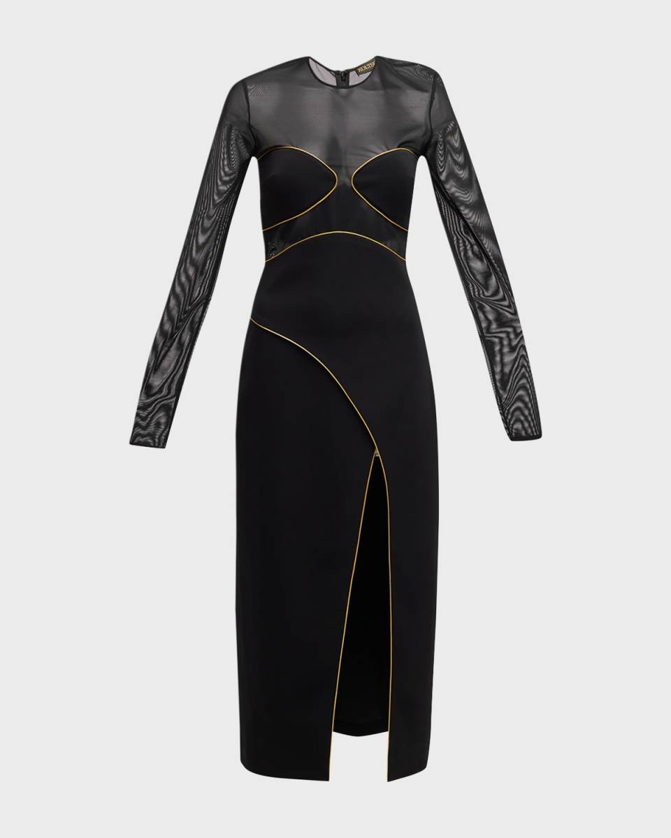 Long-Sleeve Cady Illusion Midi Dress